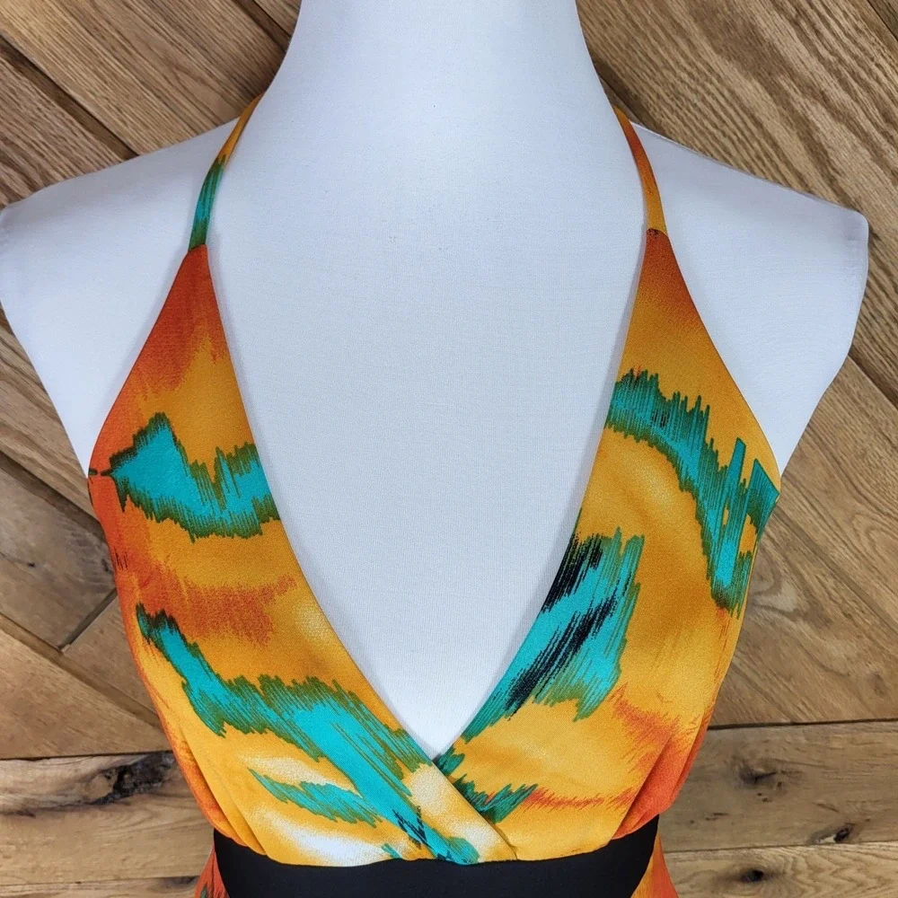 Lipstick Maxi Dress Womens Medium Halter Tropical Floral Sleeveless Teal Orange